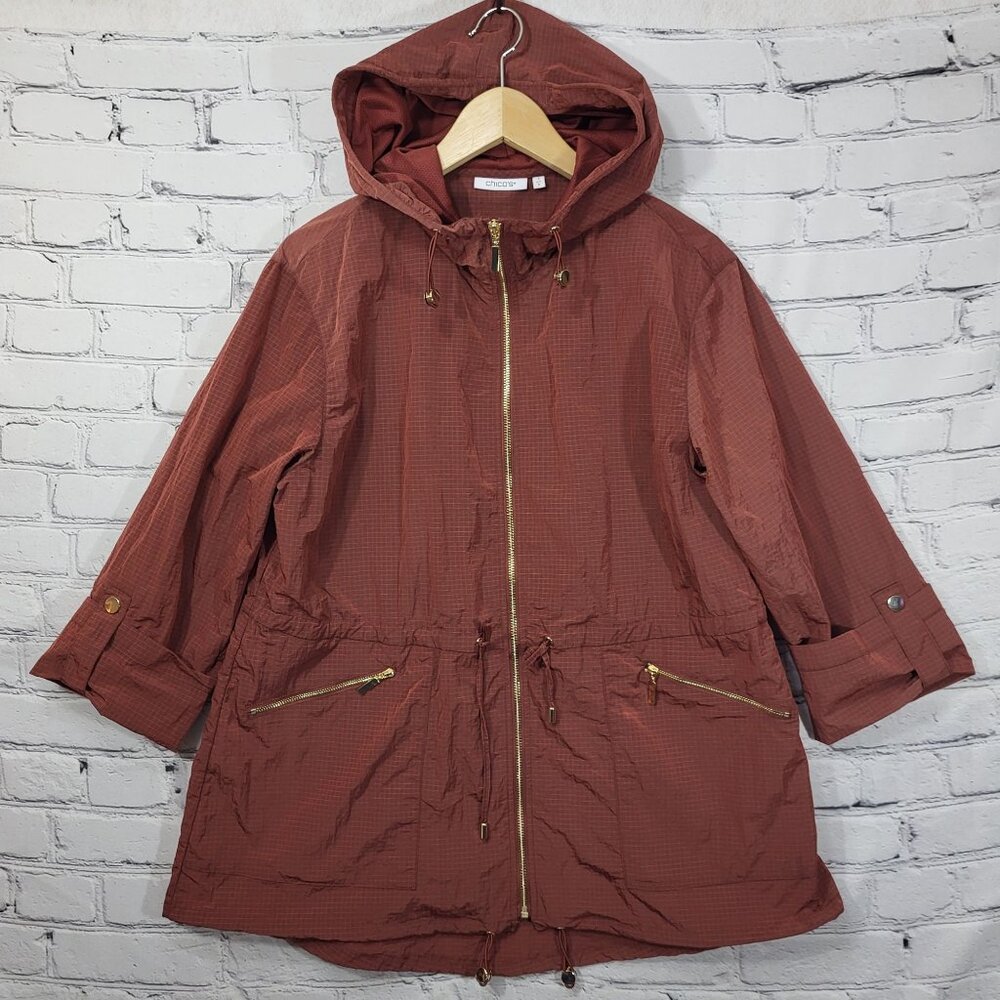 Chicos Jacket Womens Sz 1 (US 8) Rust Red‎ Nylon Ripstop Windbreaker Lightweight